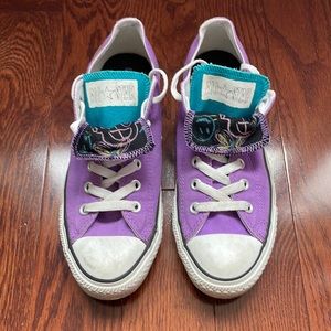 Purple Converse with double tongue and rainbow detail